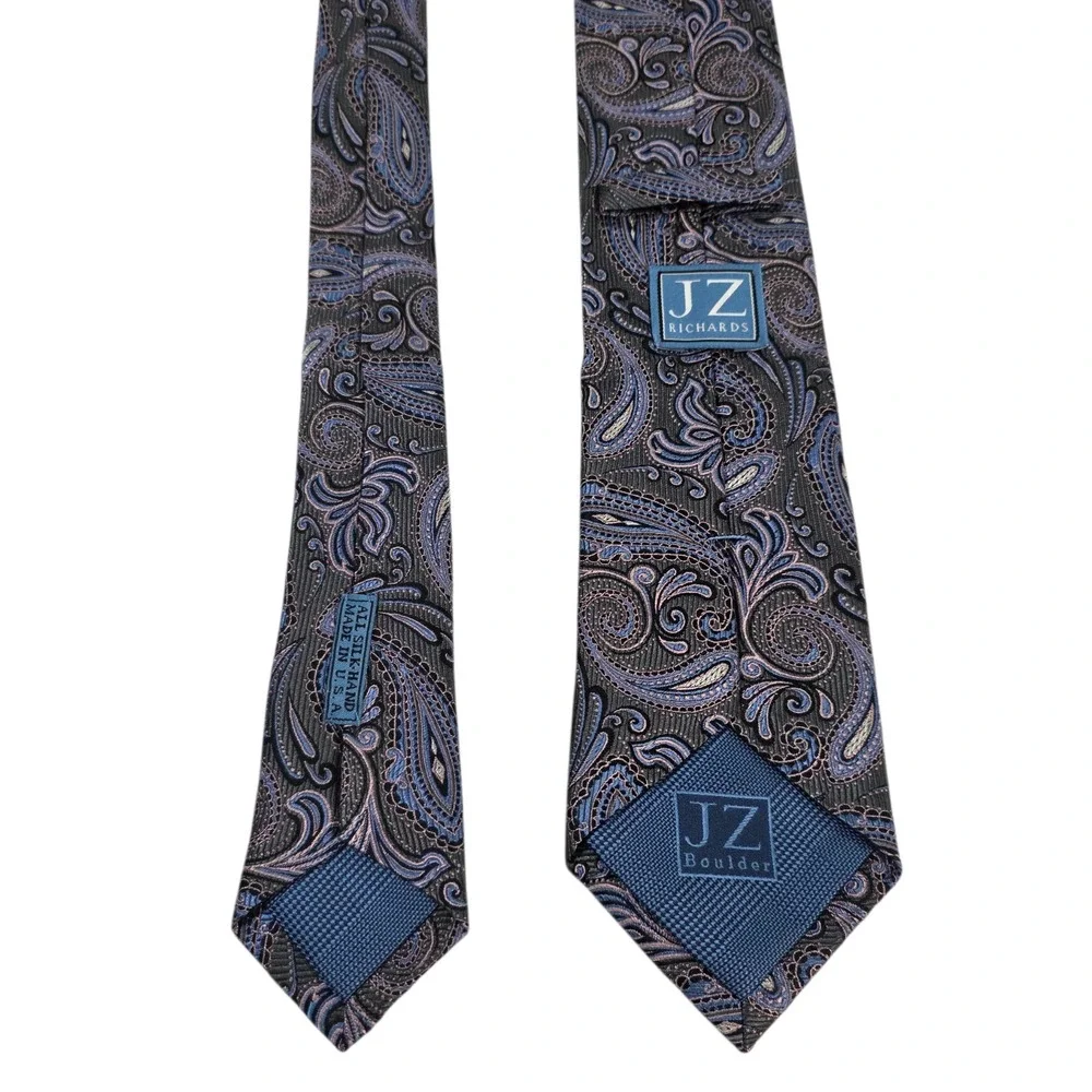 JZ Richards Mens Necktie Gray‎ Pink Blue Silk Paisley Handmade Embroidered USA
